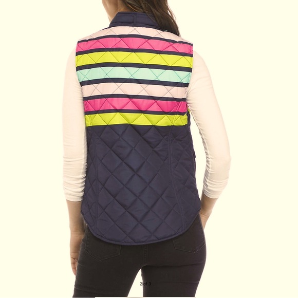 NWT Womens Navy Stripe Quilted Vest Puffer Pink Green Vest - Picture 10 of 11